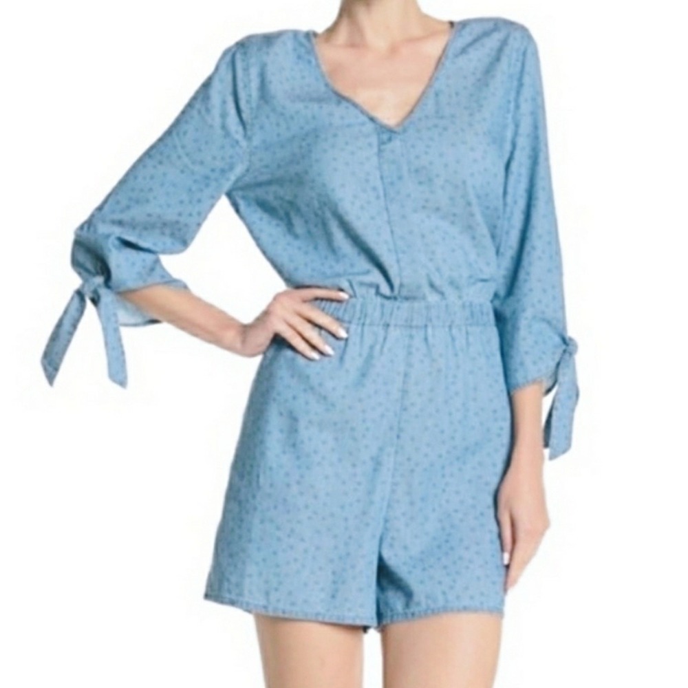 SUSINA New Chambray Print Shorts‎ Romper 3/4 Sleeve V-neck Size Medium New